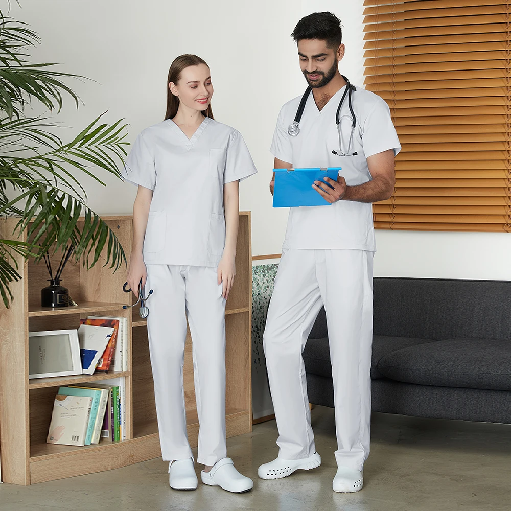 Medical Uniform Hospital Scrubs Set Men Short Sleeve Classic V-neck Top and Pants Nursing Doctor Clothing Surgery Workwear Pet Doctor