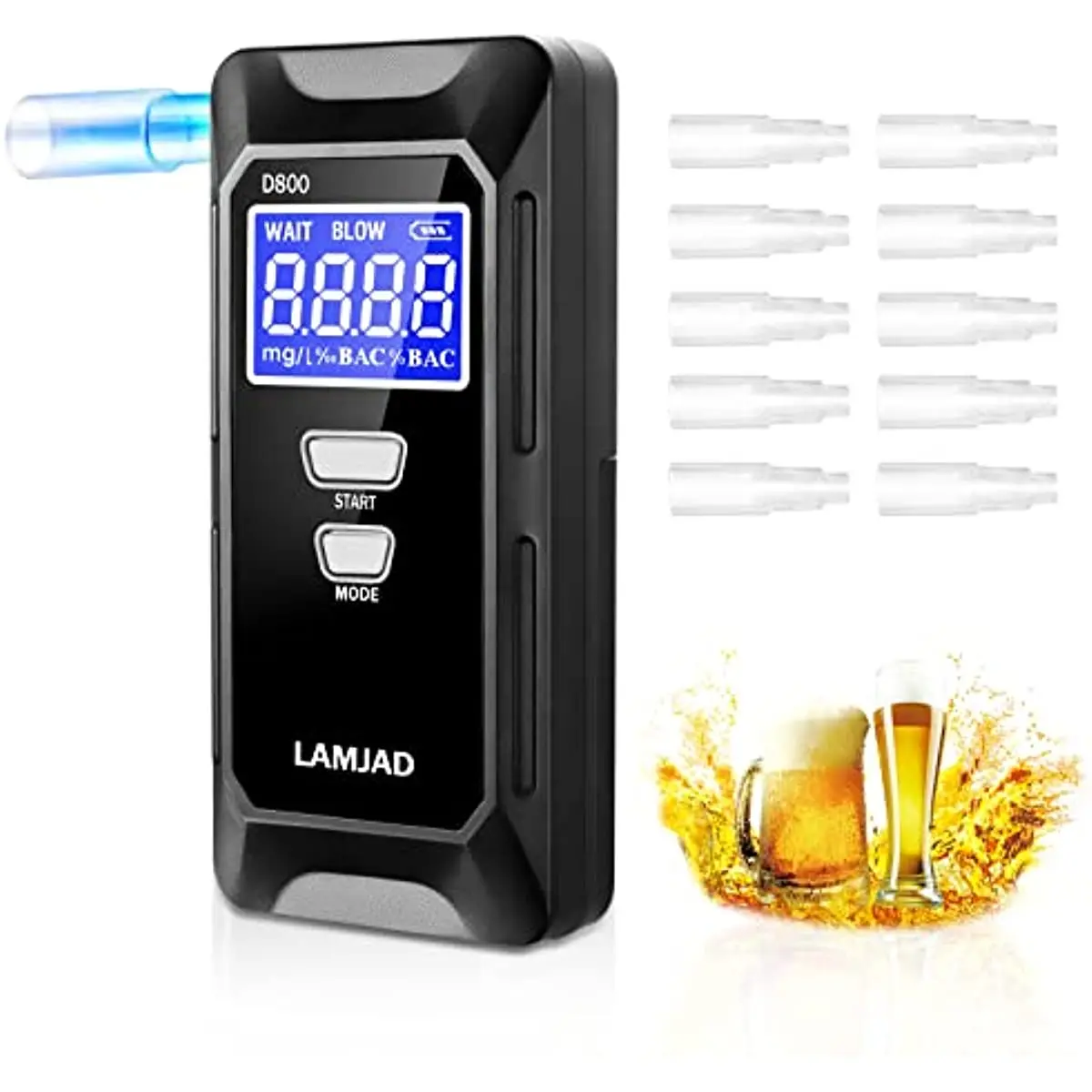 

LAMJAD Alcohol Tester with 10 Mouthpieces and Digital LCD Screen, Semiconductor Sensor, Police for Personal and Professional Use
