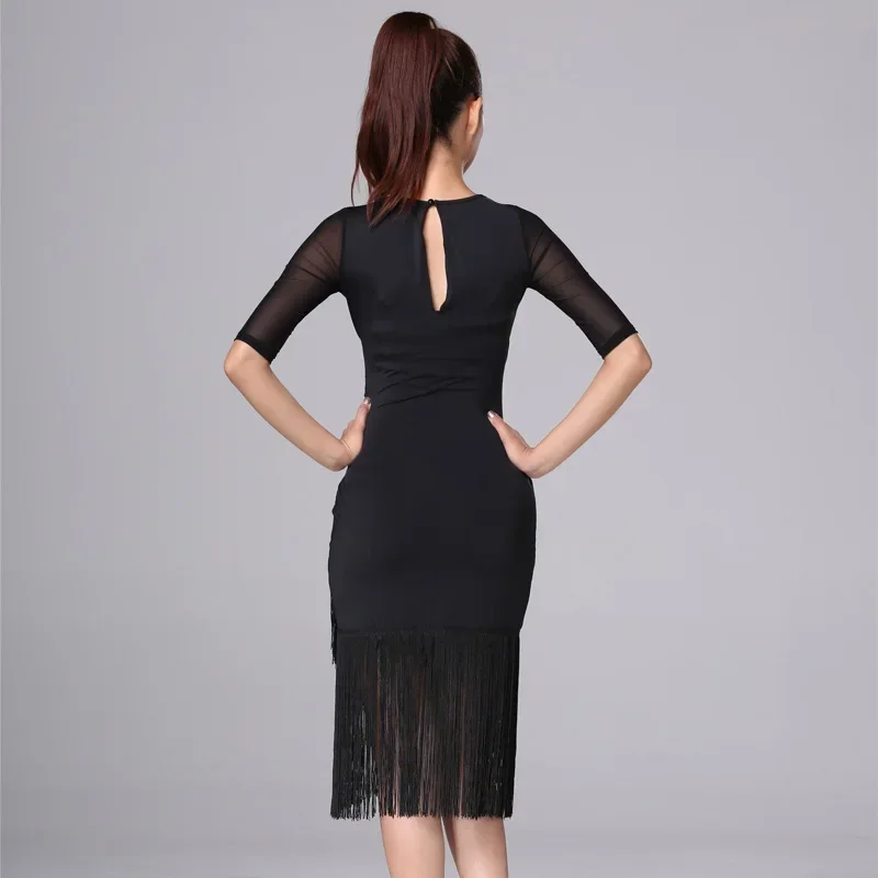 Sexy Long Short-Sleeve Latin Dance One-Piece Dress Women Ballroom Tango Cha Cha Dance Skirt Latin Competition Dress Dance Dress Dance Skirt