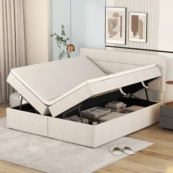 Letto matrimoniale imbottito semplice e moderno per camera da letto, 200x140 cm, struttura a doghe in metallo, ampio spazio di archiviazione, può essere aperto su entrambi i lati 1