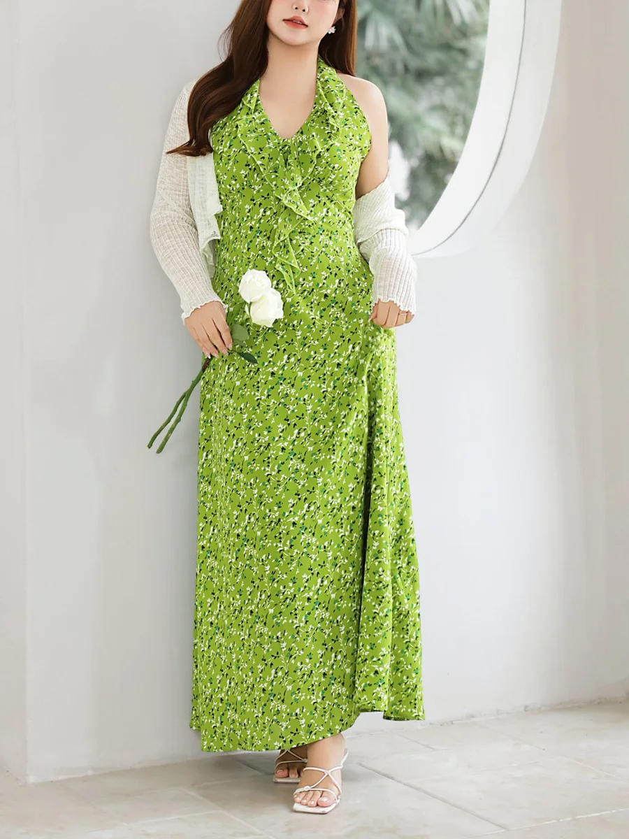 Plus Size Women's French Provence Floral Print V-Neck Halter A-Line Dress Premium Soft Elegant Chic Romantic Summer Maxi Dress