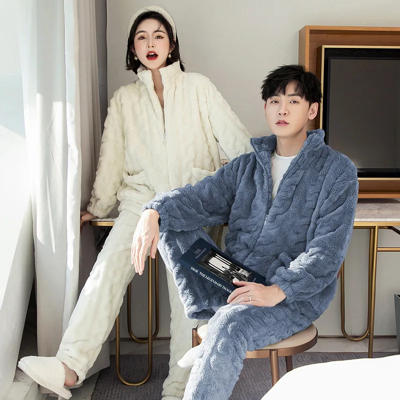 

2022 New Hooded Flannel Men's Pajama Pants 2 Pieces/Set Winter Thick Warm Sleepwear For Couples Casual Loose Home Costumes Set