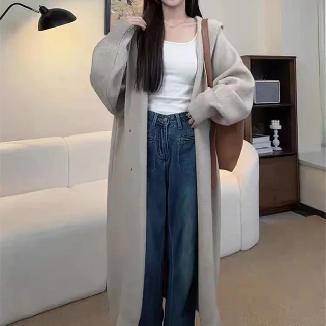 Korean Hooded Knitted Cardigan for Women Autumn Winter Casual Single Breasted Long Cardigan Woman Soft Solid Color Coats Female 1