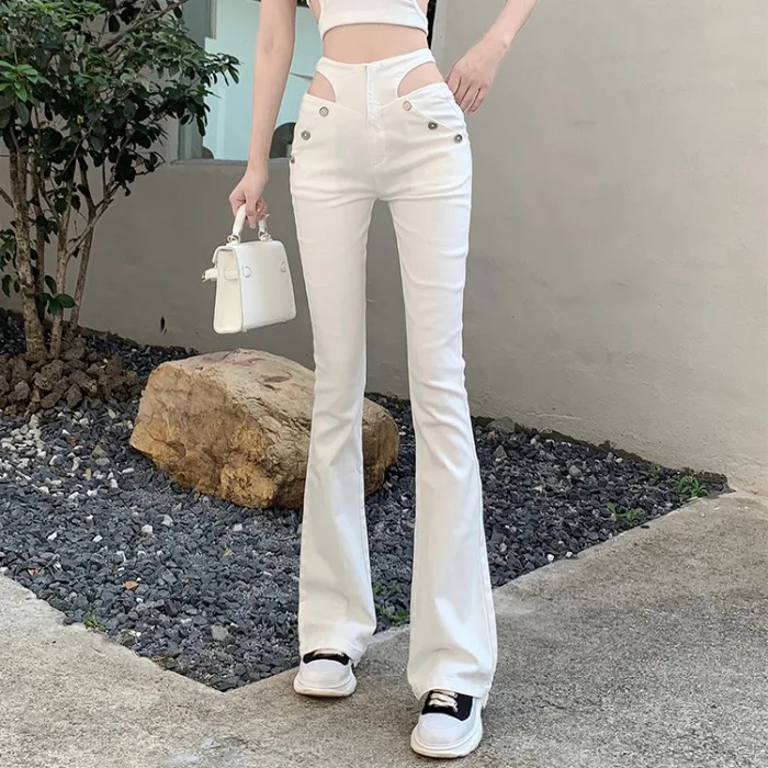 Cut-out high-waisted micro bell-bottom pants Spice girls thin floor long pants niche design sense casual women's pants high stre