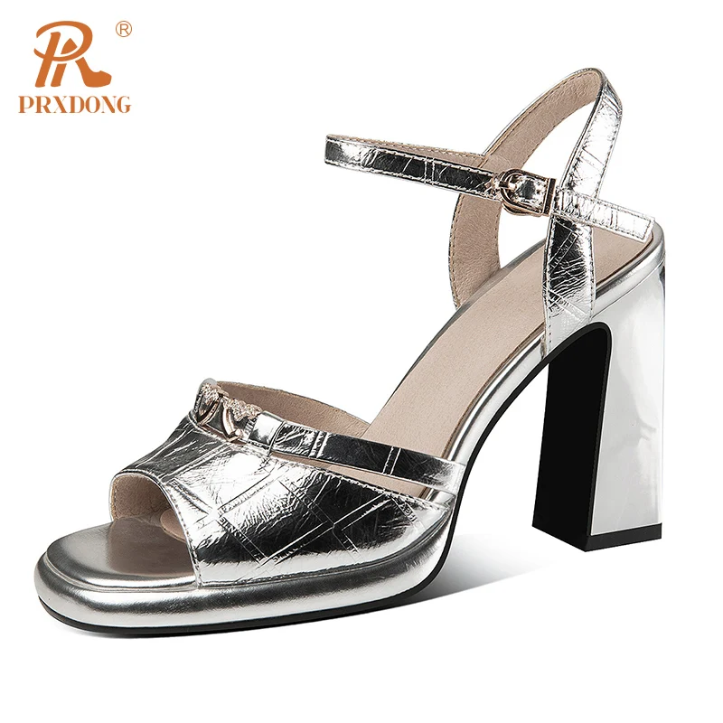 

PRXDONG Women's Shoes New Fashion Summer Chunky High Heels Platform Silver Blue Ankle Strap Dress Party Wedding Sandals Size 40