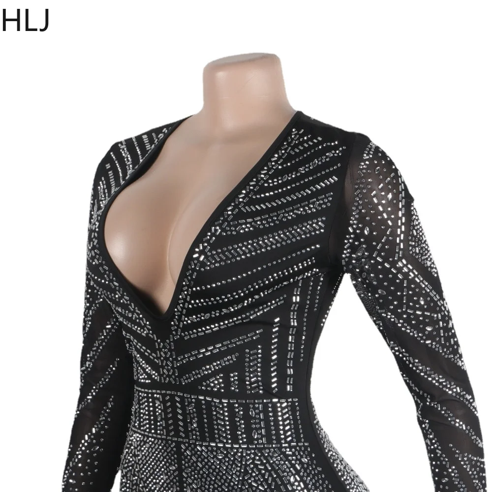 HLJ Sexy Deep V Rhinestones Bodycon Party Nightclub Jumpsuits Women Long Sleeve Skinny Pants Playsuits Female Slim Clothes Black
