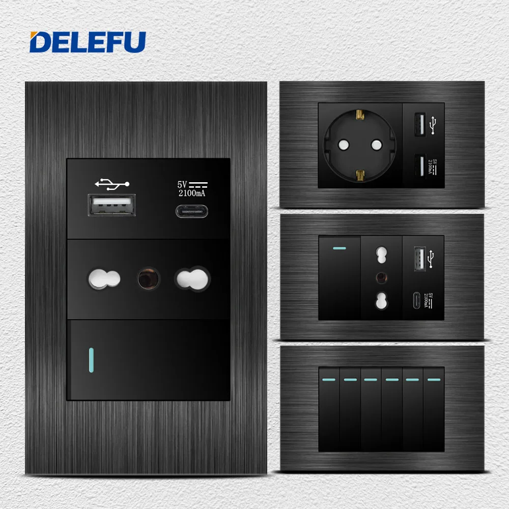 Delefu-tomada de Parede de Fio de Alumínio Preto Contatos de Interruptor de Luz Tomada Padrão dos Eua Plugue Padrão de Itália Usb tipo c 118×72 mm