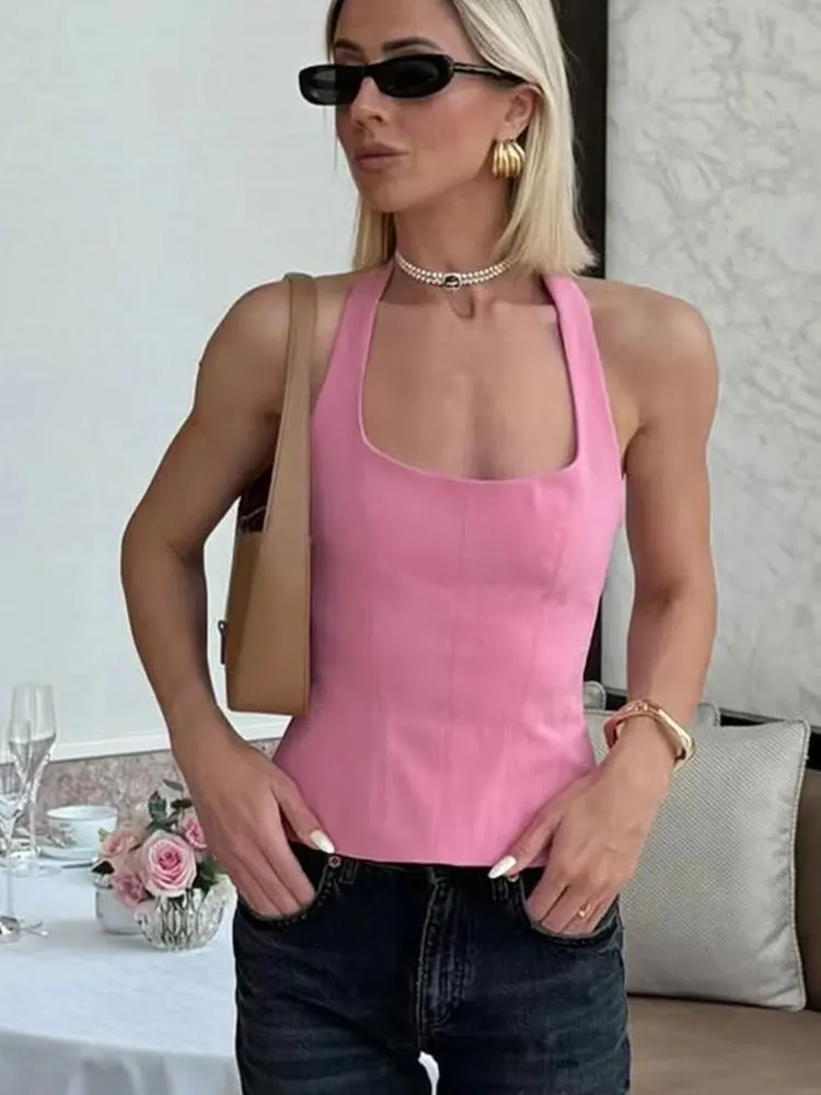 HH Women Fashion Halter Cropped Top Slim Chic Sleeveless Backless Female Solidr Tank Top Sexy Side Zipper Basics Chic Tops