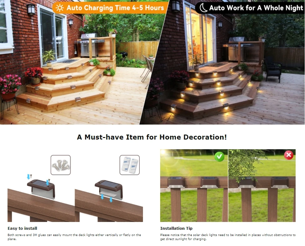 Waterproof Solar Deck Lights for Outdoor, Solar LED Lights for Deck, Step, Raili