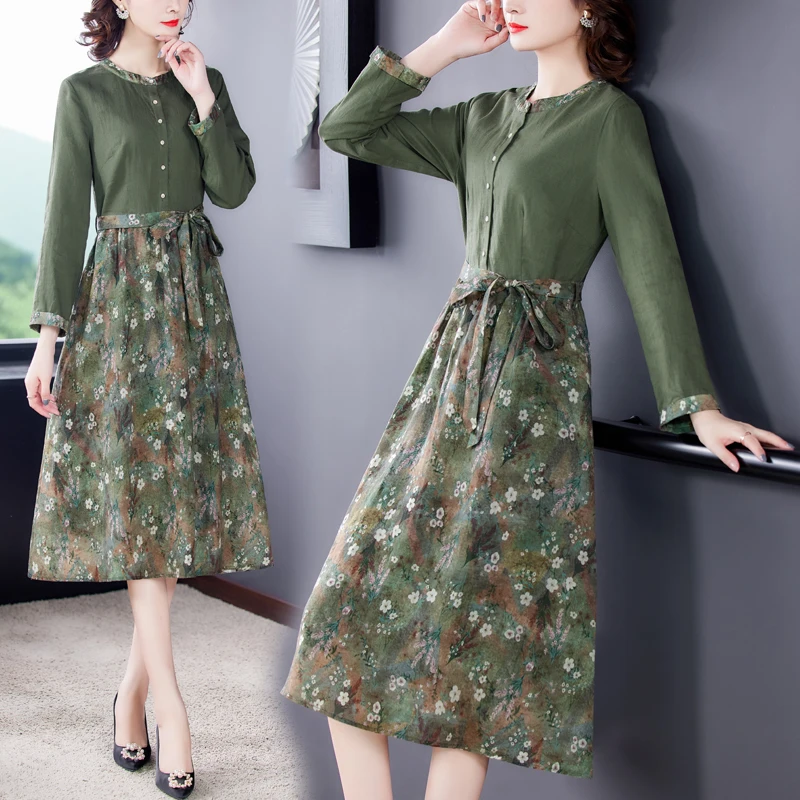 

2023 new Qipao dress slim temperament floral round neck loose patchwork shirt skirt in long dress