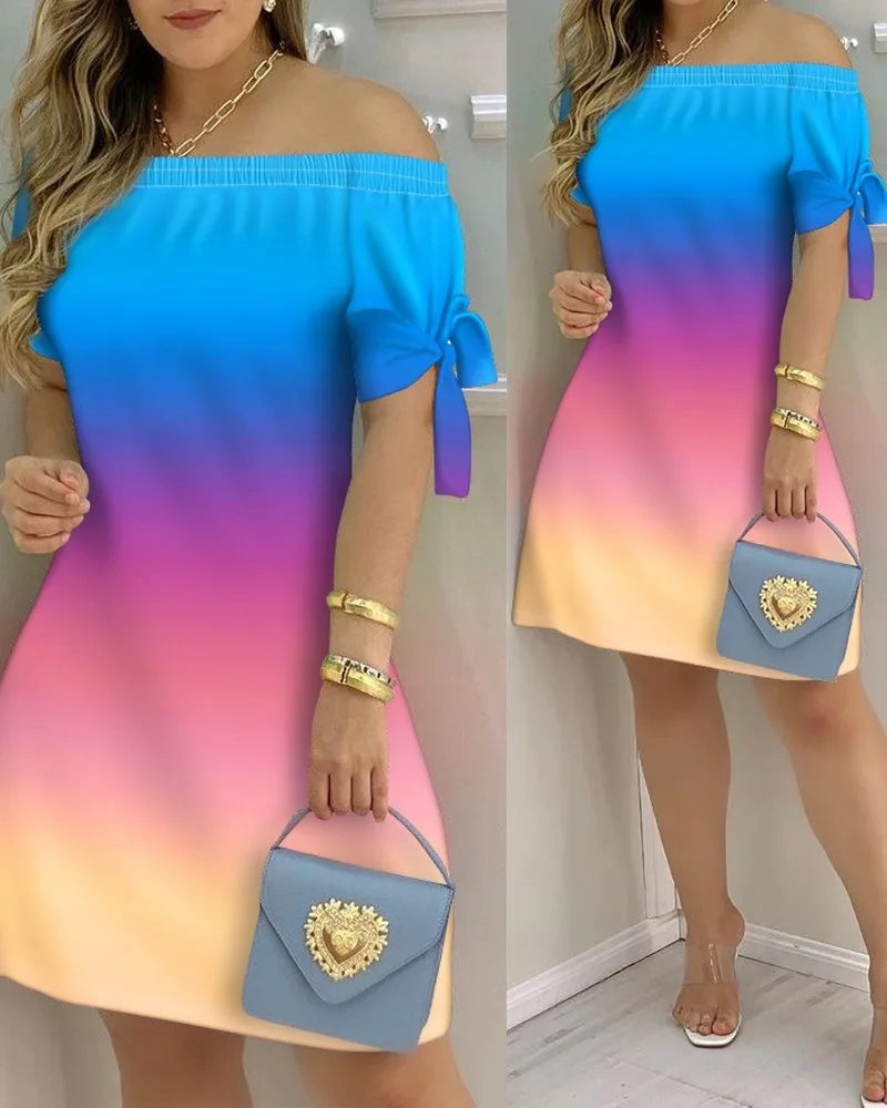 Vestido Estampado Sexy A La Moda Para Mujer, Vestido Acampanado De Manga Corta Con Hombros Descubiertos, Minivestidos Con Hombros Descubiertos Para Mujer - details 28