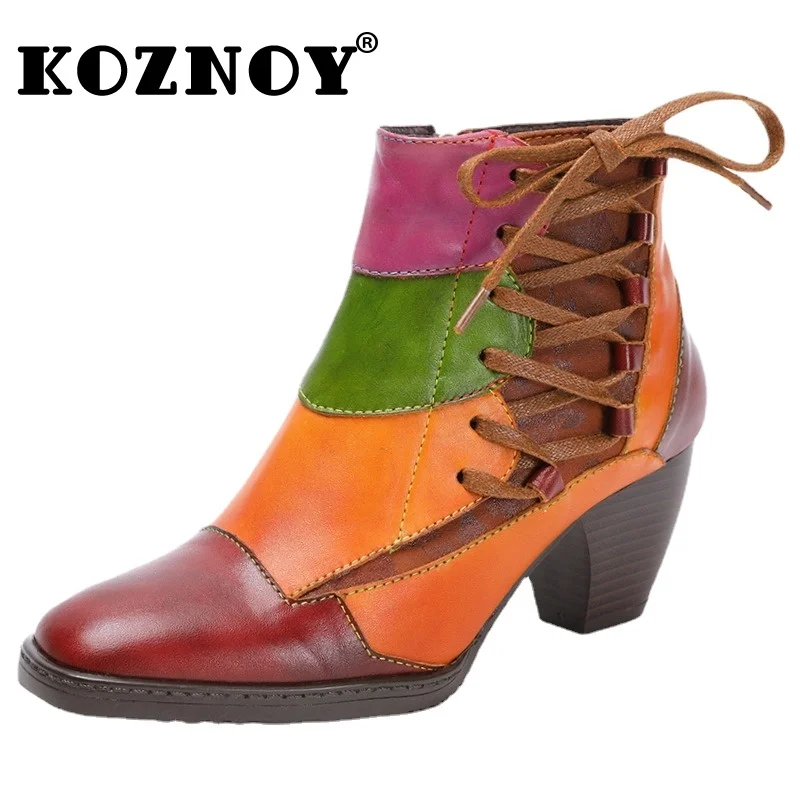 

Koznoy 6cm Autumn Spring Genuine Leather Print Ethnic Chunky Heels Plush Booties Moccasins Ankle Warm Fashion Women Winter Shoes