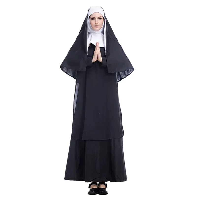 

Kostum Halloween untuk wanita, kostum Cosplay pendeta biarawati, Set kostum Cosplay dewasa, Gaun wanita