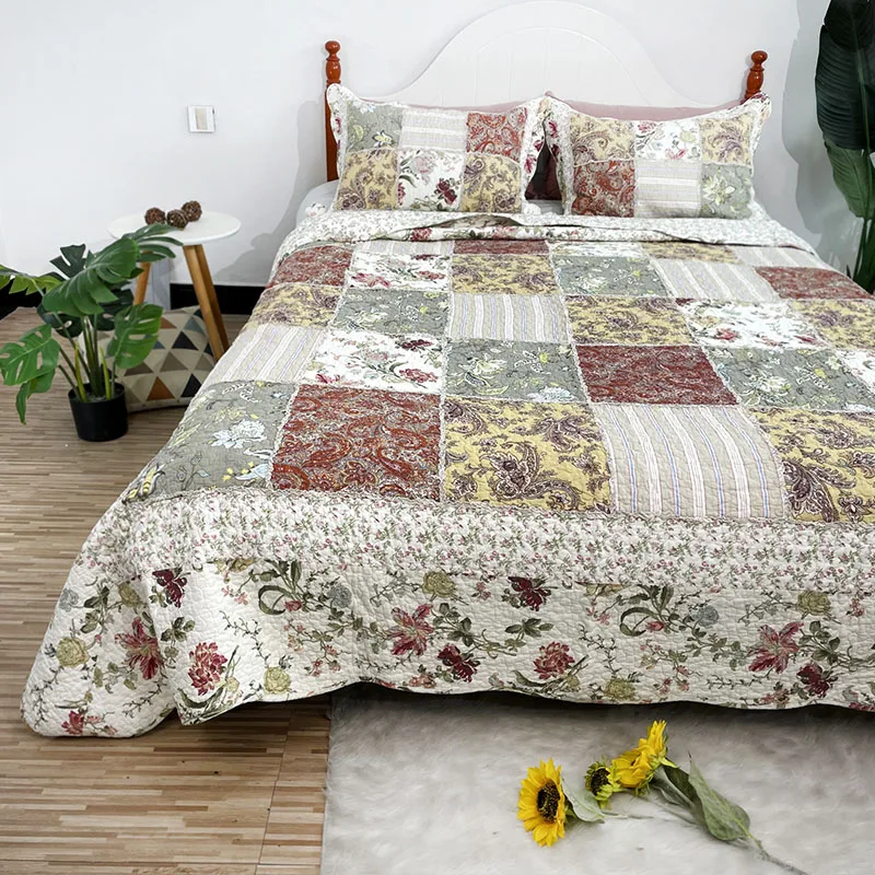 

CHAUSUB Floral Cotton Quilt Set Patchwork 3pcs Bedspread on the Bed Queen Size Quilted Blanket on Bed Summer Coverlet Sets