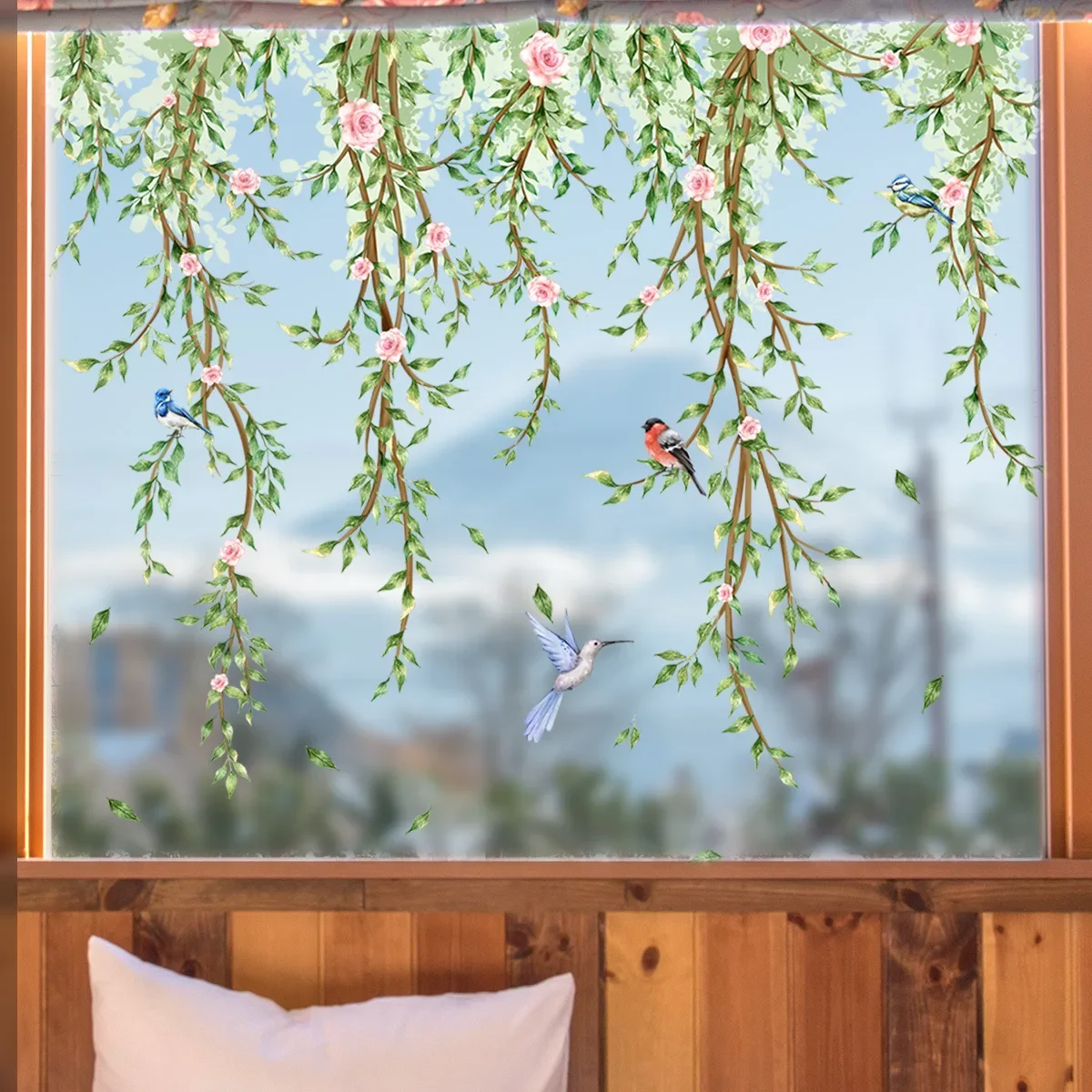 Wall and Window Stickers Branches Flowers Birds Glass Living Room Window Theme Decorative Electrostatic Mural