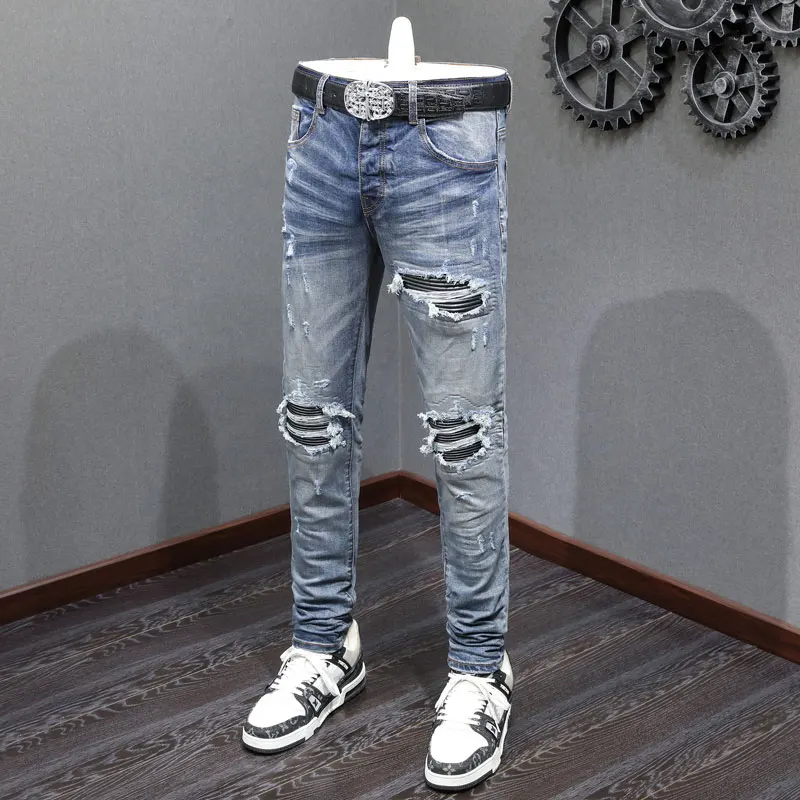 High Street Fashion Men Jeans Retro Blue Stretch Skinny Fit Ripped Jeans Men Leather Patched Designer Hip Hop Brand Pants Hombre