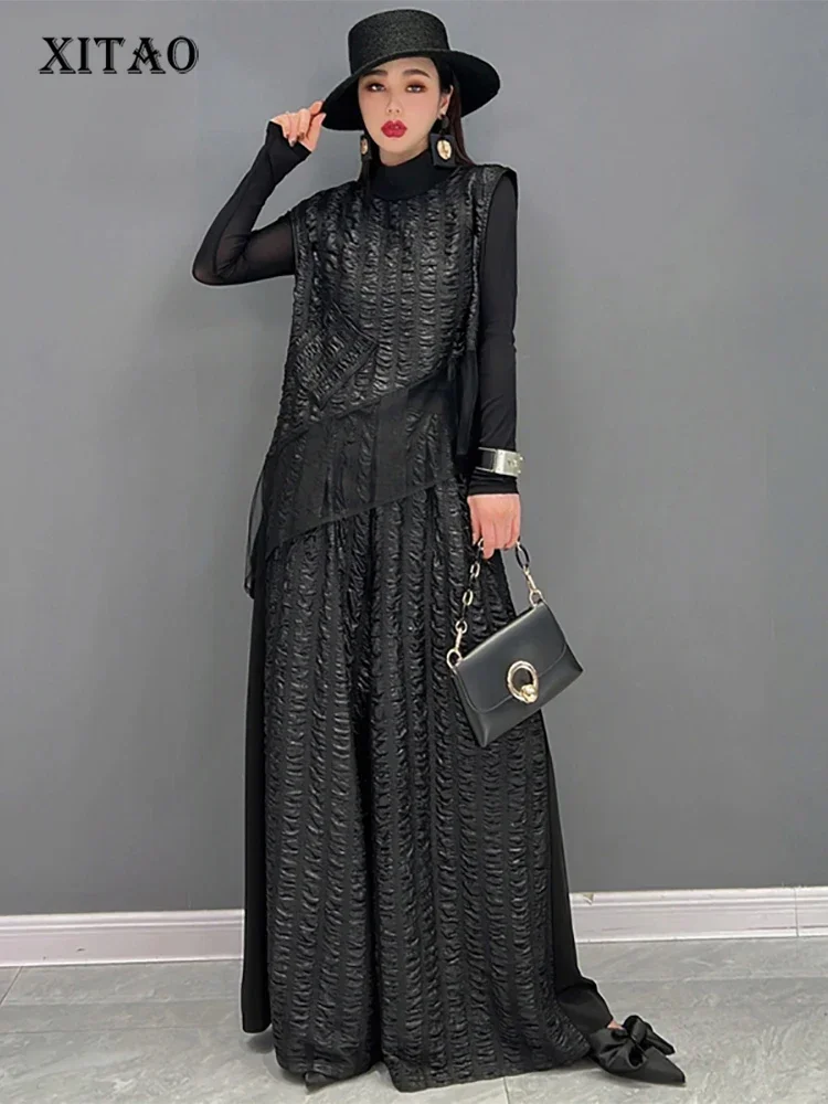 women jumpsuit casual off shoulder spaghetti strap sleeveless wide leg jumpsuits high waist pull pleated one piece jumpsuits XITAO Two Piece Women Fashion New Black Sleeveless Top Elastic Waist Pleated Pocket Full Length Pants 2022 Spring WMD4834