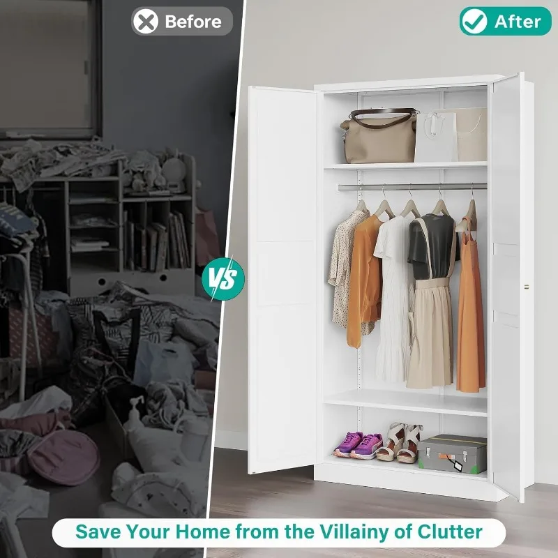 Metal Wardrobe Cabinet with Hanging Rod, Metal Clothing Storage Cabinet with Adjustable Shelves and Doors, 72 Inch Wardrobe 6