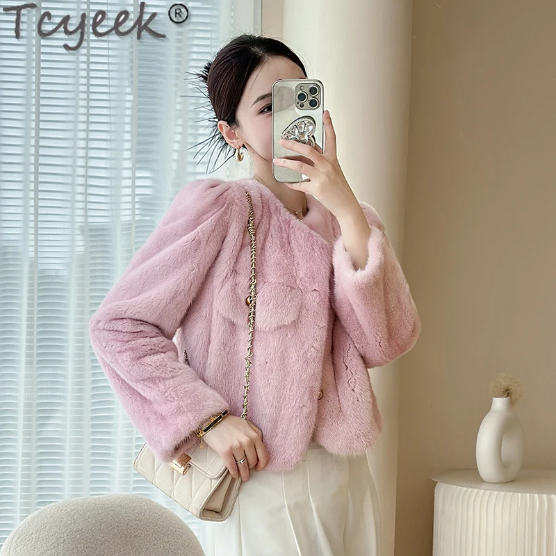 Tcyeek Cappotto Di Pelliccia Di Visone Naturale Donna Inverno Giacca Di Pelliccia Da Donna 2023 Stile Corto Rosa Intero Visone Vera Pelliccia Cappotti