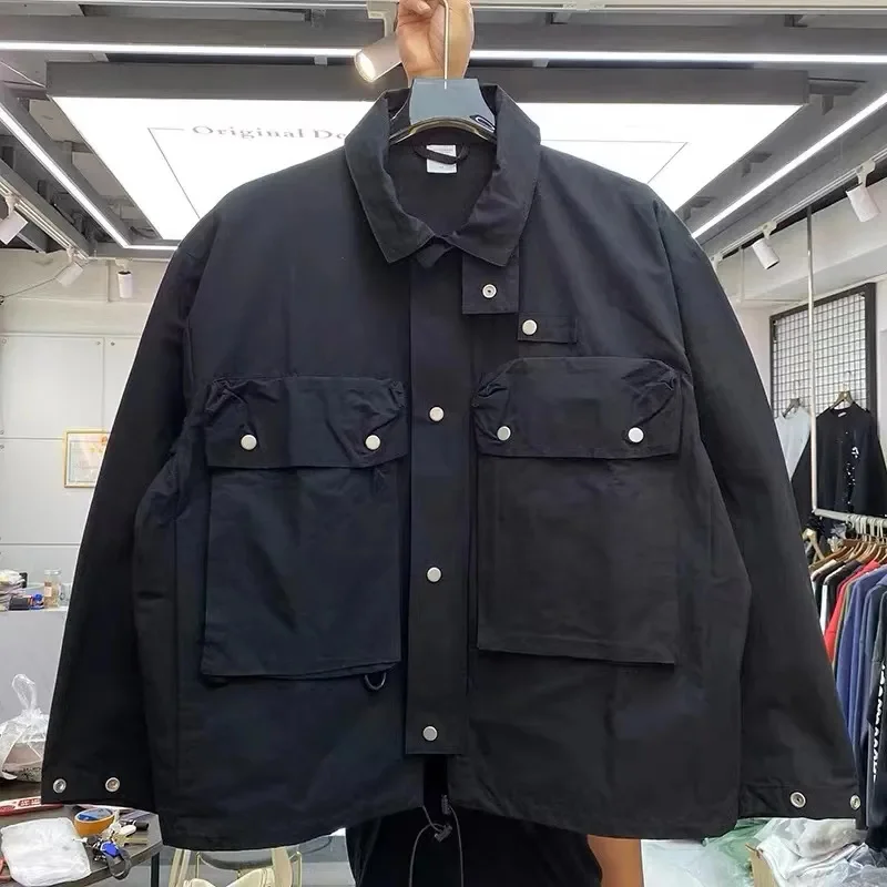 

Slim style zip jacket with drawstring vertical collar and three-dimensional multi-pocket