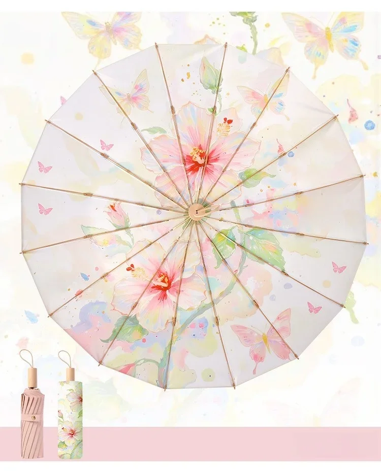 جديد متقدم ضباب وردي 16 لون عظمي غراء مظلة قابلة للطي الشمس المطر الاستخدام المزدوج المرأة المظلة حماية من الشمس وحماية من الأشعة فوق البنفسجية