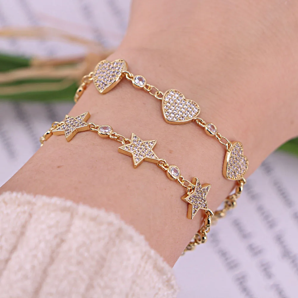 

5 шт., милые женские браслеты с сердечками/звездами из фианита, ювелирные изделия, изысканная Золотая цветная бижутерия