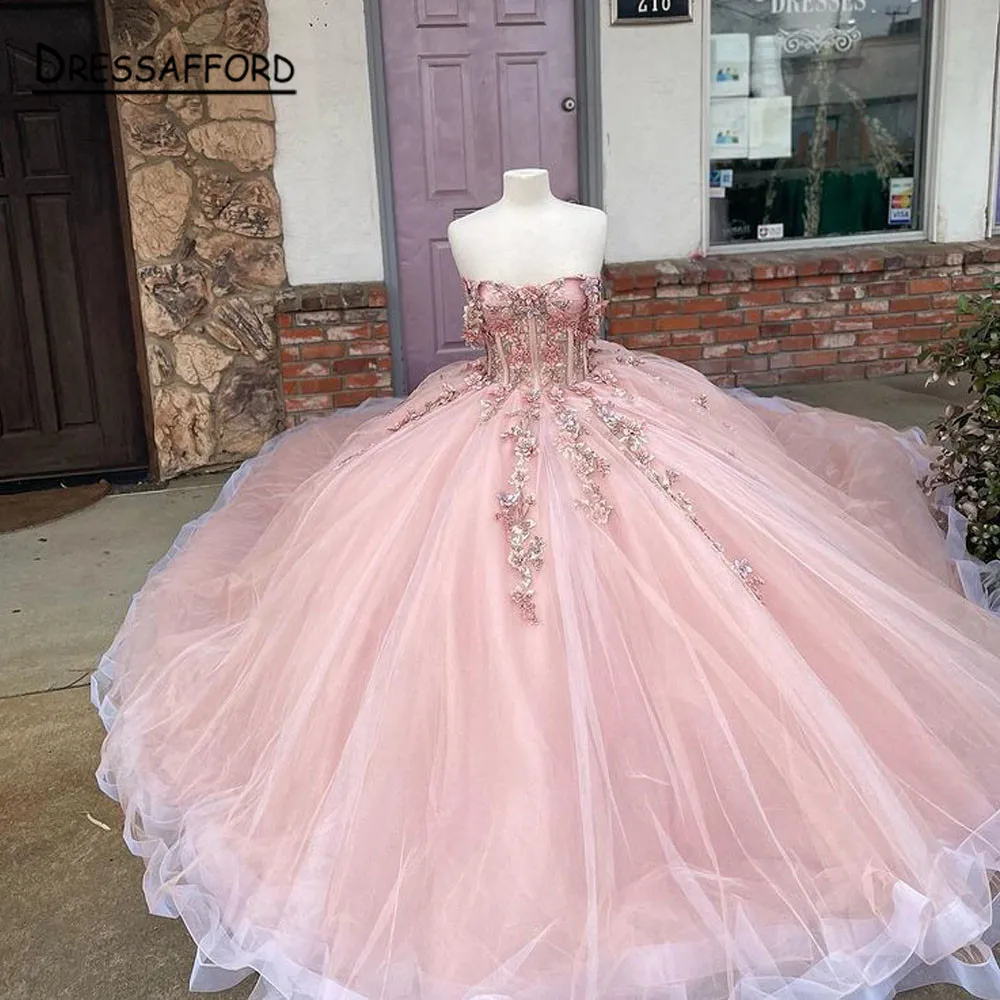 Pink Off The Shoulder Quinceanera Dresses Tulle Appliques Beading Pageant Lace Up Vestidos De 15 Años 2022 Princess Ball Gown