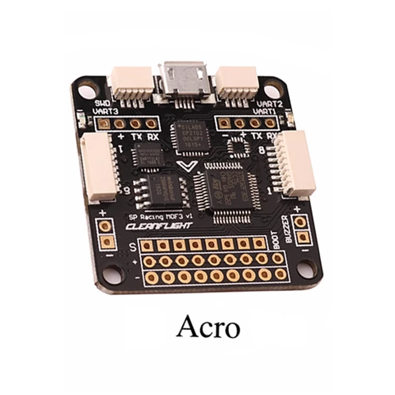 Détail des composants électroniques sur la carte contrôleur de vol SP Racing F3 pour drone QAV250.