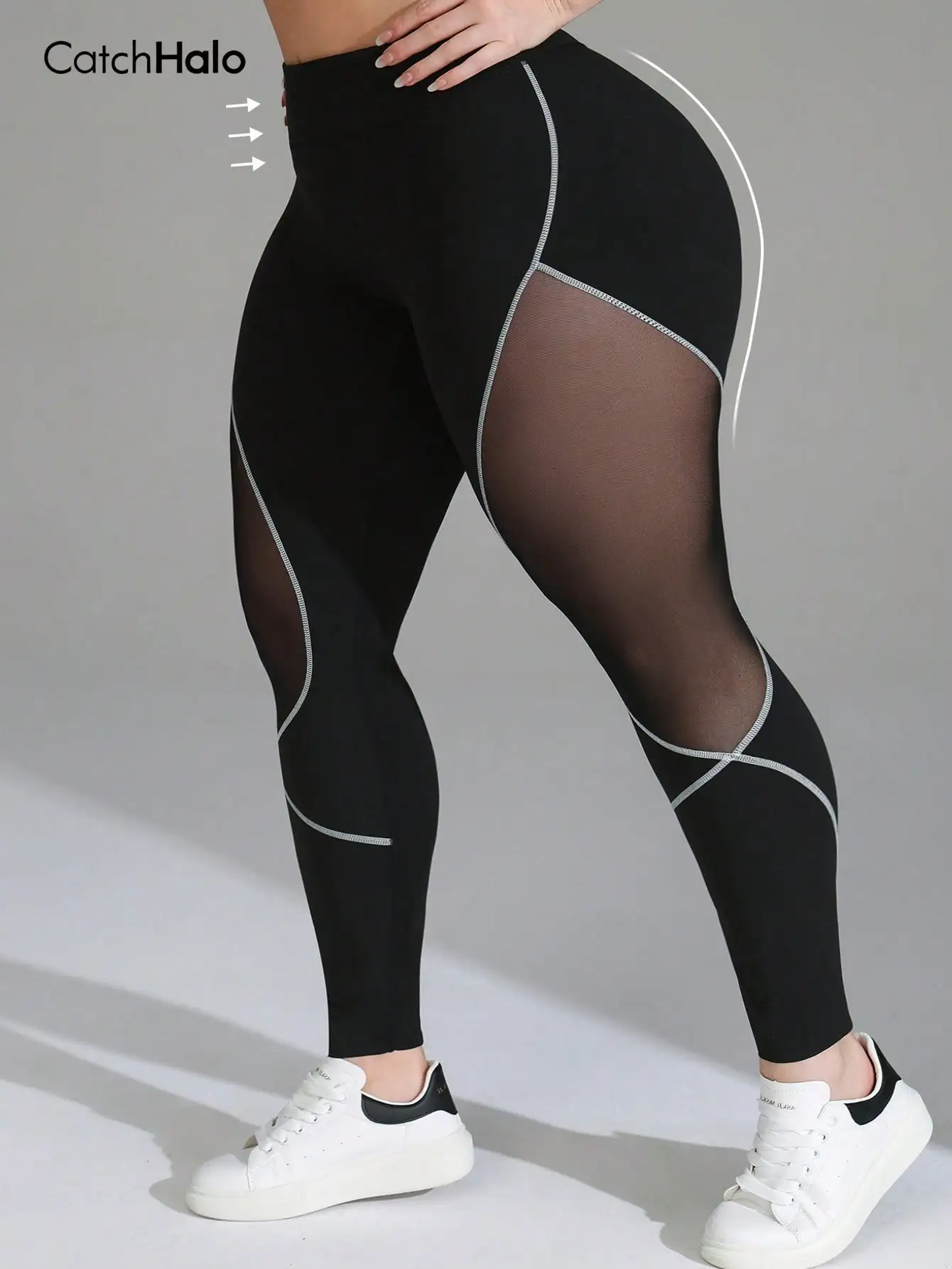 Plus Size Women Mesh Patchwork Yoga Leggings Black High Waist Tummy Control Contrast Binding Breathable Gym Workout Tights 1