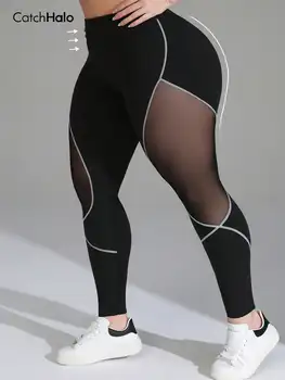 Plus Size Women Mesh Patchwork Yoga Leggings Black High Waist Tummy Control Contrast Binding Breathable Gym Workout Tights 1