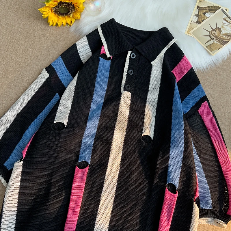 

2024 New Summer Men's Ice Silk Retro Knitting Lapel Stripe Polo Shirt Solid Color Thin Cozy Seven Point Sleeve T-Shirt B126