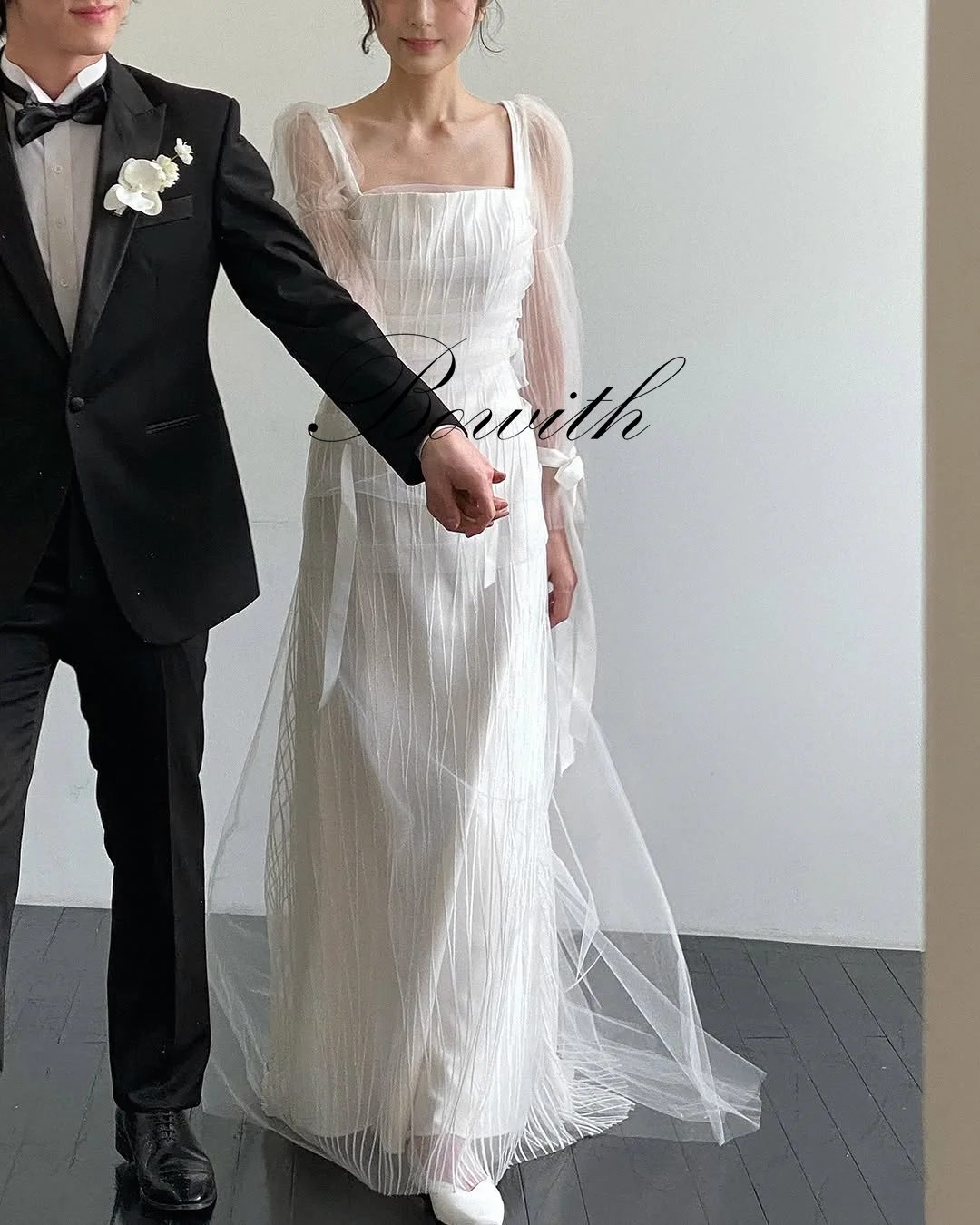 Bowith Korean Wedding Dresses Square Collar Long Sleeves Bridal Gown A-Line Floor-Length Bridal Gown Customized Evening Dresses 2
