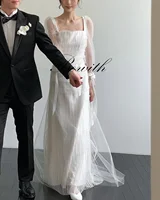 Bowith Korean Wedding Dresses Square Collar Long Sleeves Bridal Gown A-Line Floor-Length Bridal Gown Customized Evening Dresses 2