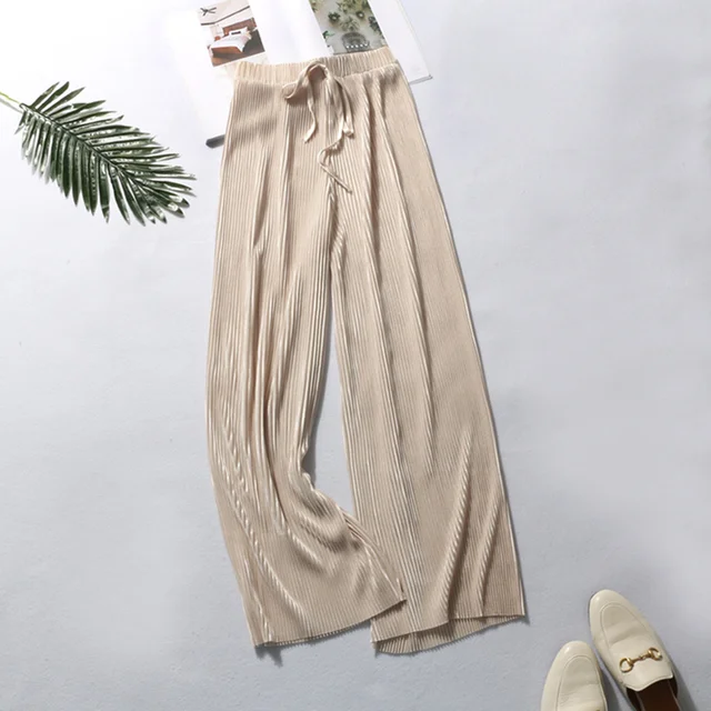 Long pants women's straight pantalon pour femme pants loose thin high waist women broad-legged pants sweatpants stacked leggings Wide legs--Apricot