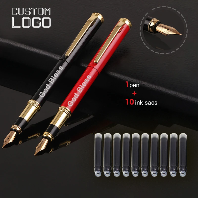 1 Pen + 10 Ink Sacs Free Custom Logo Metal Luxury Pen Student Calligraphy Book Fountain Pen Gift Business School Office Supplies