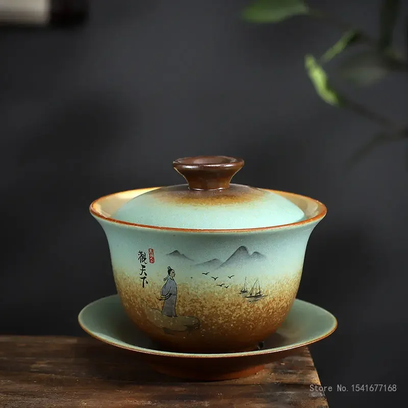 Creative Chaishao Kiln Glazed Three Talent Covered Bowls, Vintage Ceramic Household Chinese Kung Fu Tea Set Brewing Tea Bowl 1Pc