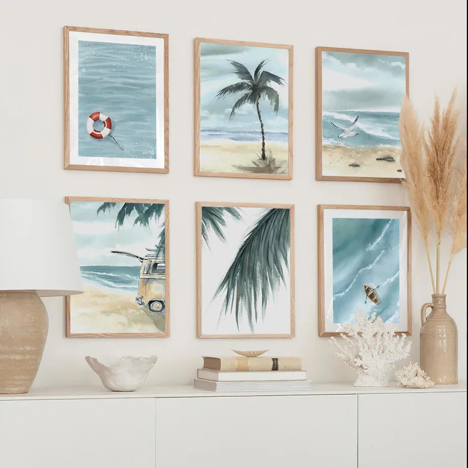 Blue Ocean Beach Coastal Palm Gabbiano Boat Boat Poster E Stampe Wall Art Canvas Painting Pictures For Living Room Decor