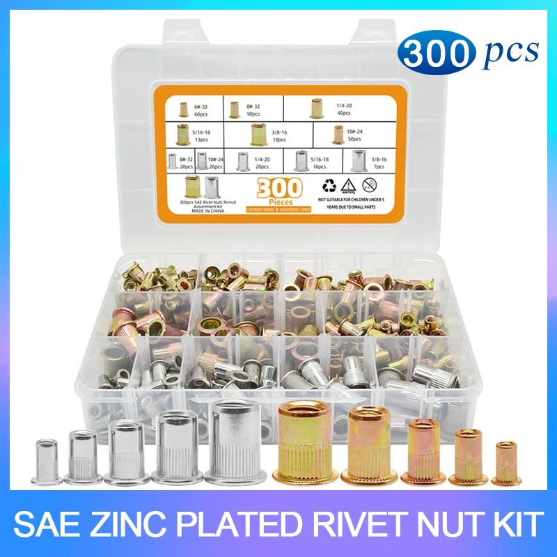 300pcs Stainless Steel Carbon Steel Sae Rivet Nuts Rivnut Assortment
