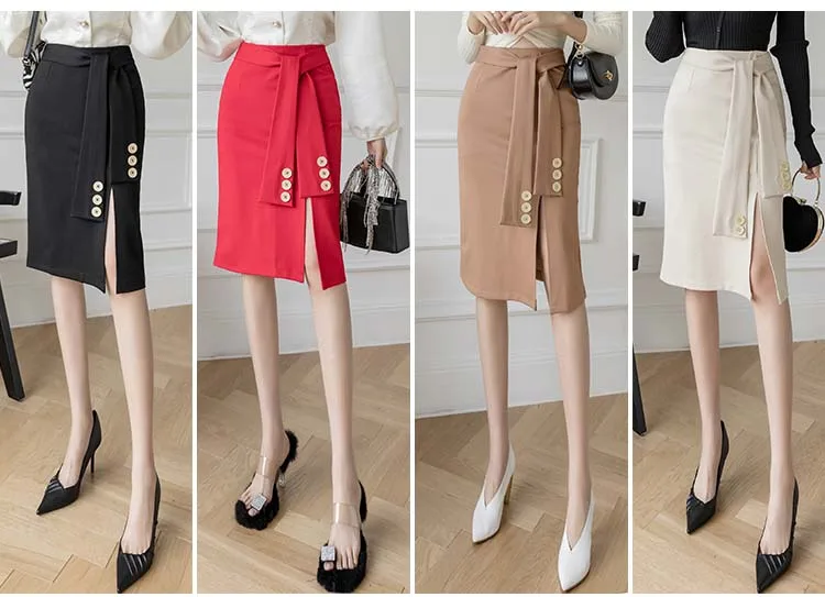 New Bodycon Pencil Skirts Women 2022 Korean Fashion High Waist Black Skirt With Belts Office Ladies Elastic Split Midi Skirt crop top and skirt