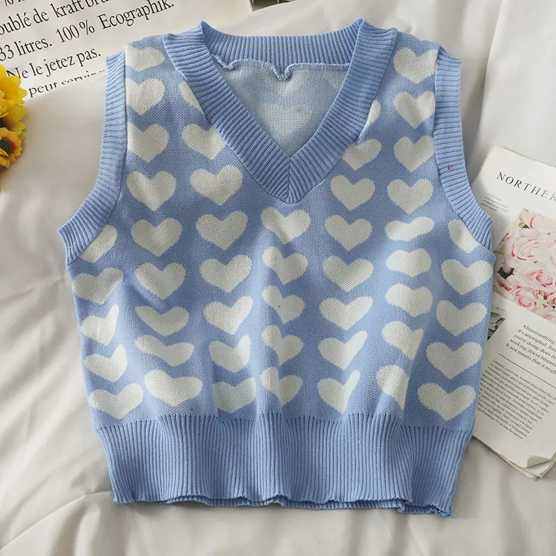 

Blue new Love Heart Spring Fall Cute V-neck Knit Sleeveless Sweater Vest Loose Out Coat Lady Top Cloth for Women Girl Waistcoat