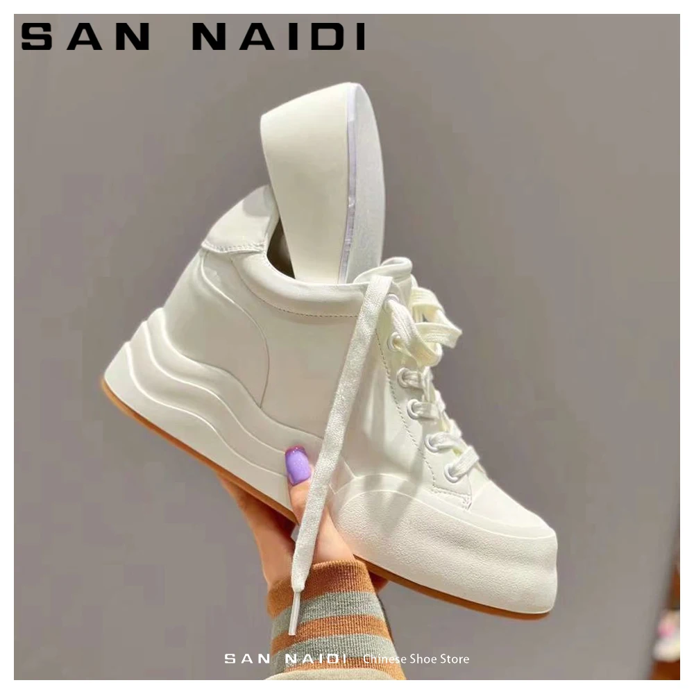 

8cm Height Platform Sneakers Chunky Handmade Shoes Genuine Leather Women Spring Autumn Walking Fashion Lace-up White Vulcanize