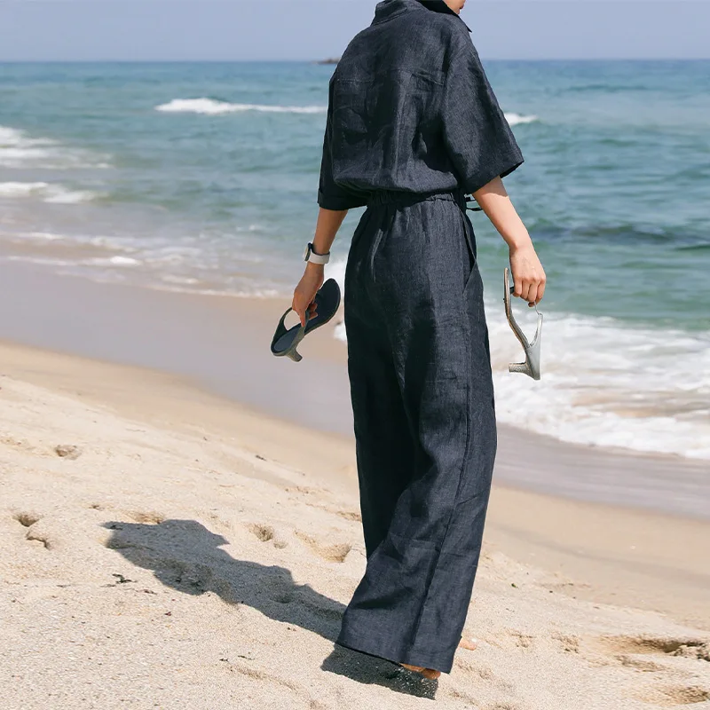 100% Linen  Jumpsuits For Women Short Sleeve Top +Wide Pants Overall Romper Streetwear Elegant One Piece Outfit Women