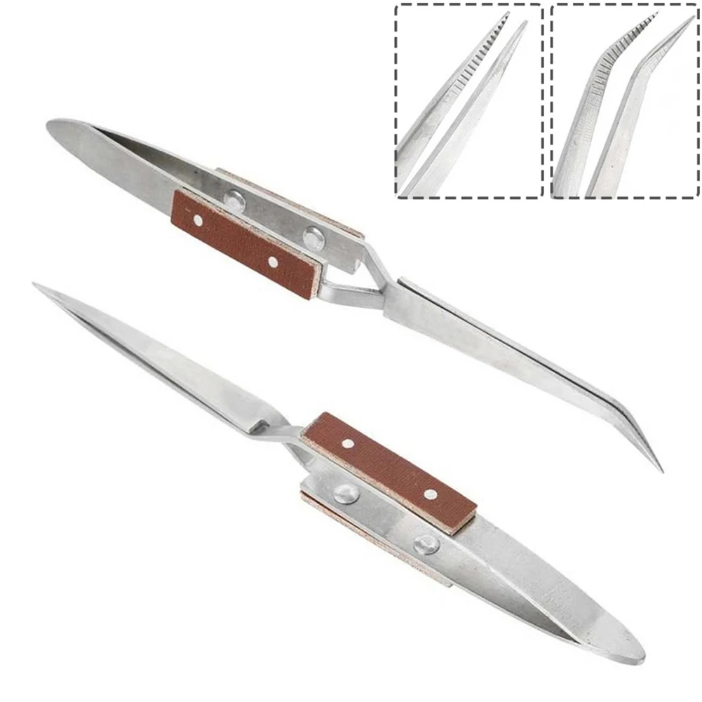 Stainless Steel Cross Locking Lock Tweezer Self Closing Jewelry Soldering Craft Repair Tool Insulated Tweezer Straight Elbow Tip