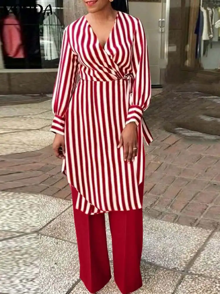 

2023 Autumn Women Pant Sets VONDA Fashion Vintage Striped Long Tops Wide Leg Pants Sets Long Sleeve Bandage Shirts Pants Suits