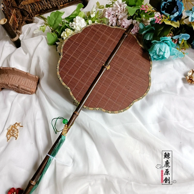 Printed Black Bamboo Long Handle Waist Fan Foldable Rotating Circular Fan Photo Props