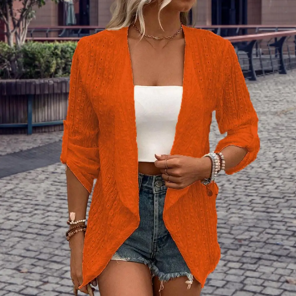 

Women Cardigan Solid Three Quarter Sleeve Irregular Open Stitch Cardigans Spring Fall Loose Breathable Casual Hollow Lady Coat