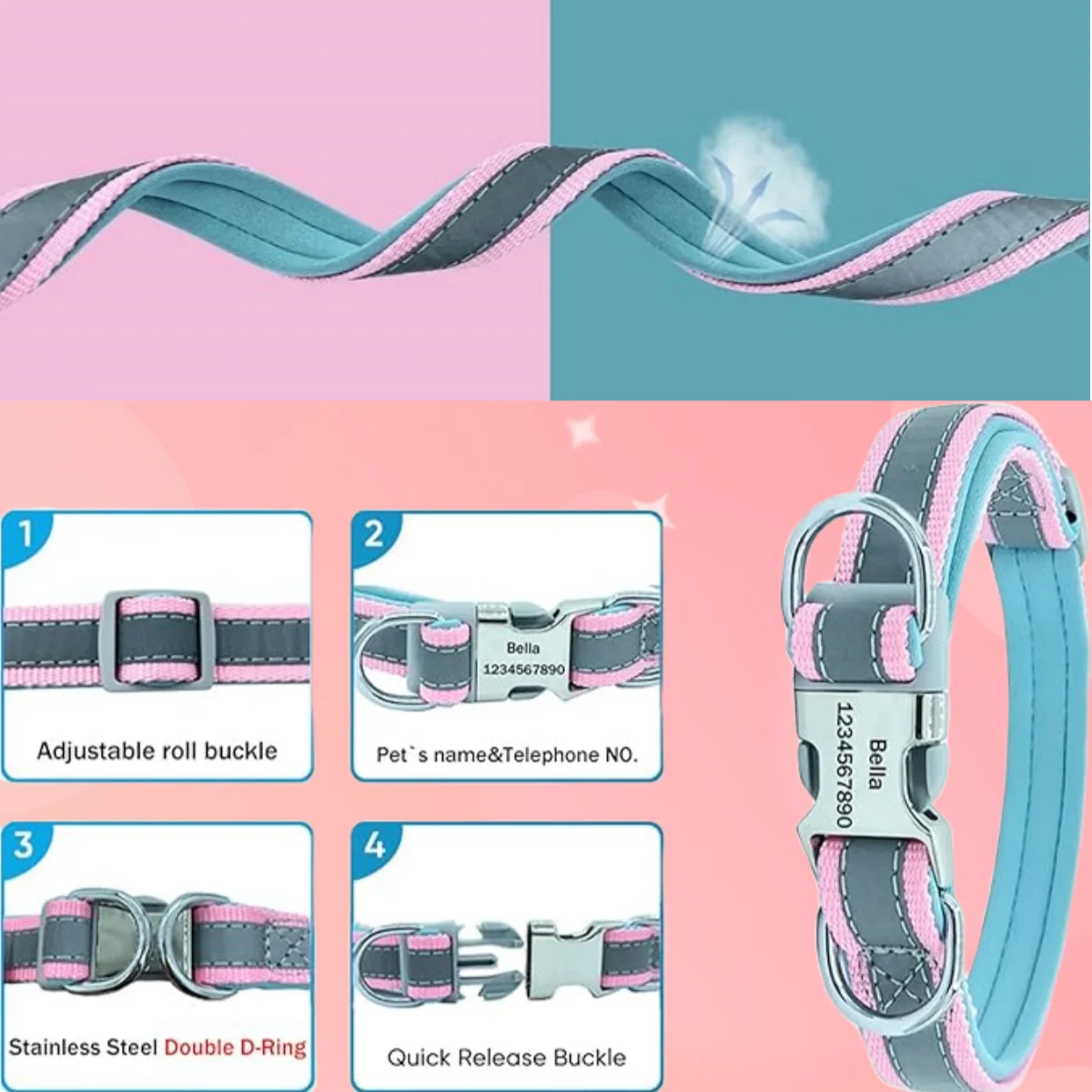 Dog Collar Pet Collar Adjustable Reflective Personalized Custom ID Nylon for Small Medium Large