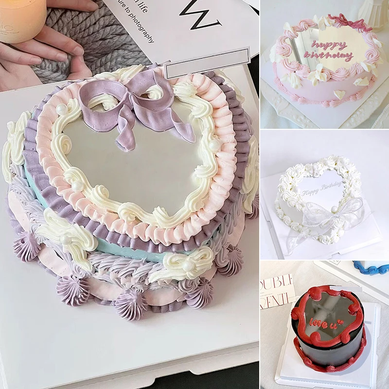 

Round Mirror Cake Toppers Red Silver Heart Shape Cake Disc Tray Decoration Valentine's Day Wedding Party Dessert Baking Supplies