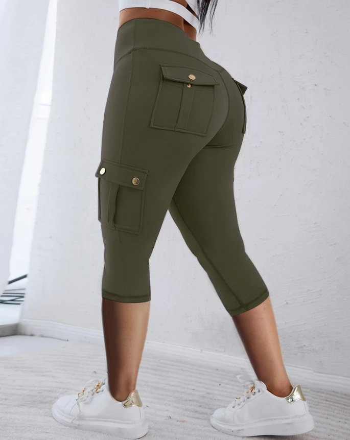 Sports Style Women's Pants 2024 Summer New Multi Color Women's Casual Pocket Design High Waisted Cropped Sports Pants