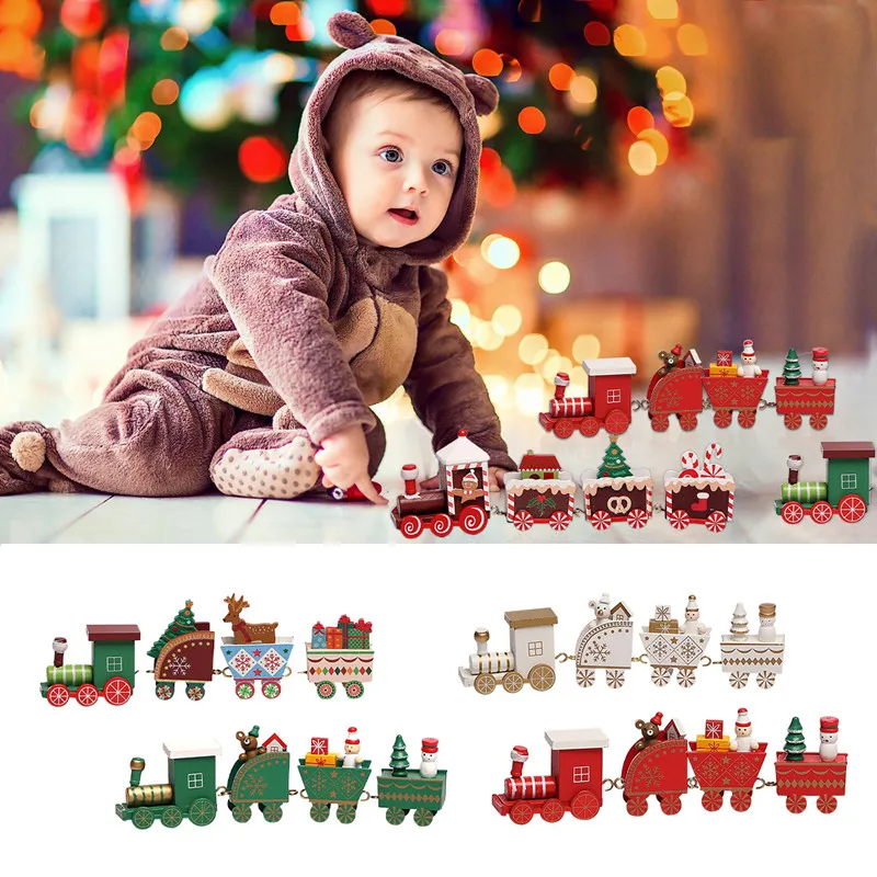 Christmas Wooden Train Ornament Painted Toy Train With Santa Claus Snowman Crafts For New Year Xmas Party Xmas Gifts